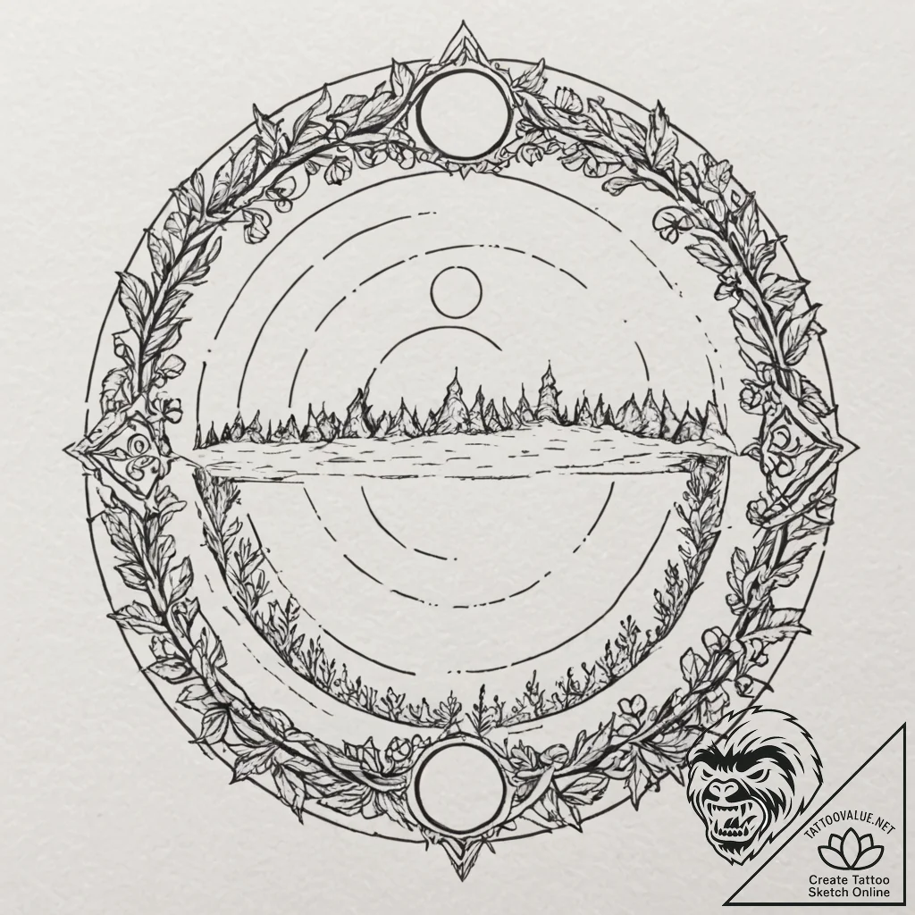 Druid circle beneath eclipse, tattoo flash sh... - tattoo sketch (№1753247811_0, 23.07.2025 05:16) — tattoovalue.net