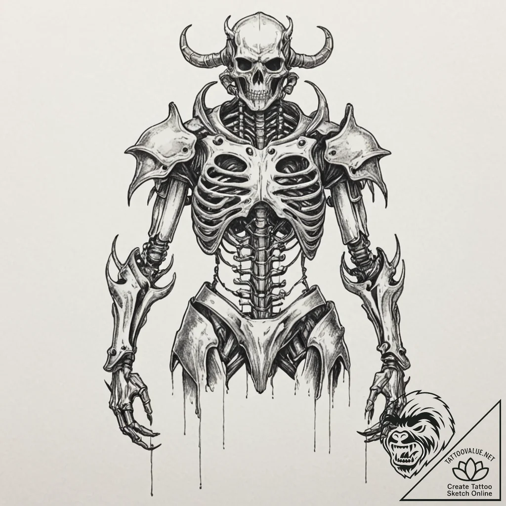 Apocalyptic armor fused with bones, artistic... - tattoo sketch (№1753248875_0, 23.07.2025 05:34) — tattoovalue.net