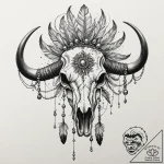 A powerful buffalo skull adorned with feather… – tattoo sketch (№1753249028_0, 23.07.2025 05:37) — tattoovalue.net