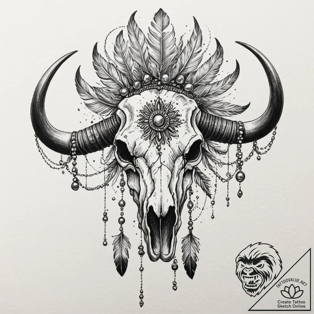 A powerful buffalo skull adorned with feather... - tattoo sketch (№1753249028_0, 23.07.2025 05:37) — tattoovalue.net