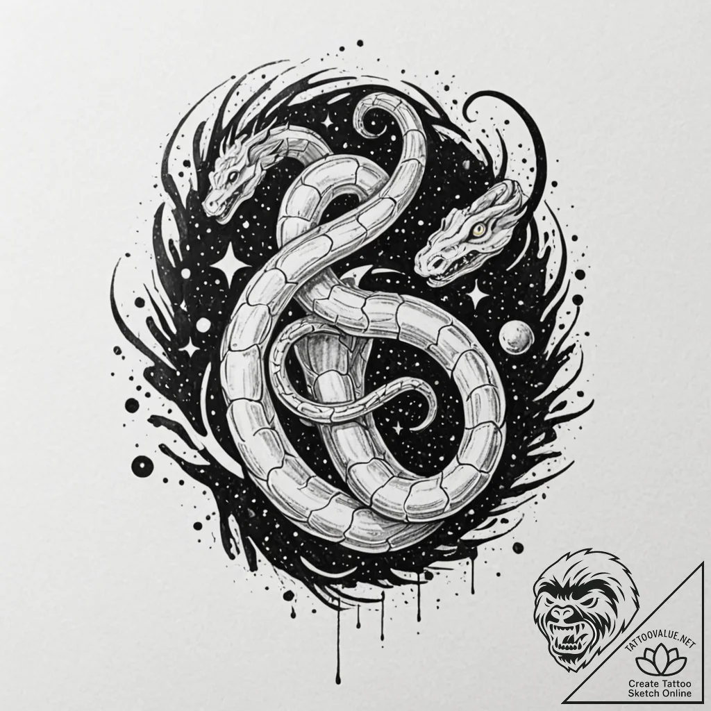 Astral serpent bridging galaxies, artistic ta... - tattoo sketch (№1753249638_0, 23.07.2025 05:47) — tattoovalue.net