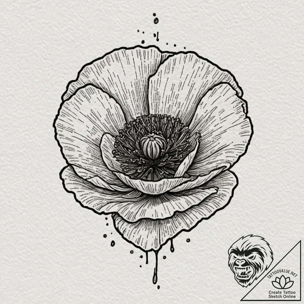 Poppy petals beneath iron helm, tattoo drawin... - tattoo sketch (№1753249714_0, 23.07.2025 05:48) — tattoovalue.net