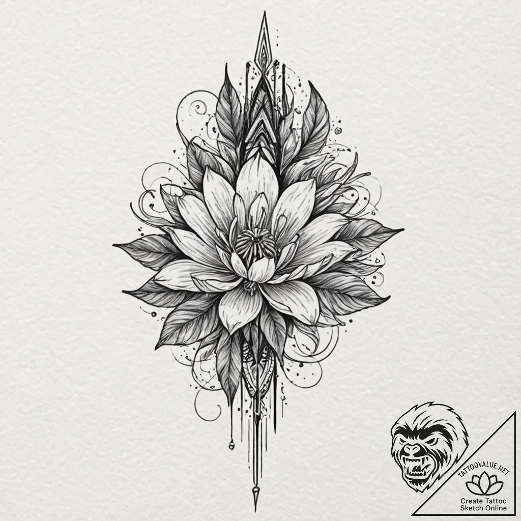 Relic spear beneath spectral bloom, tattoo sk... - tattoo sketch (№1753250705_0, 23.07.2025 06:05) — tattoovalue.net