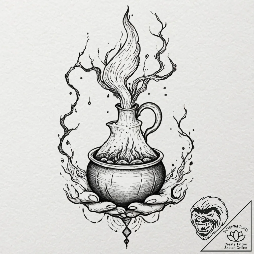 Gnarled hand of a witch brewing a potion, tat... - tattoo sketch (№1753251389_0, 23.07.2025 06:16) — tattoovalue.net