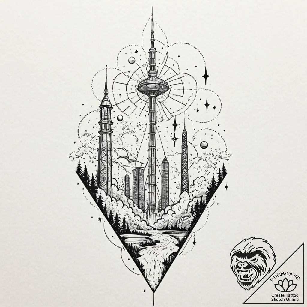 Space elevator ascending into a stormy, orbit... - tattoo sketch (№1753251465_0, 23.07.2025 06:17) — tattoovalue.net