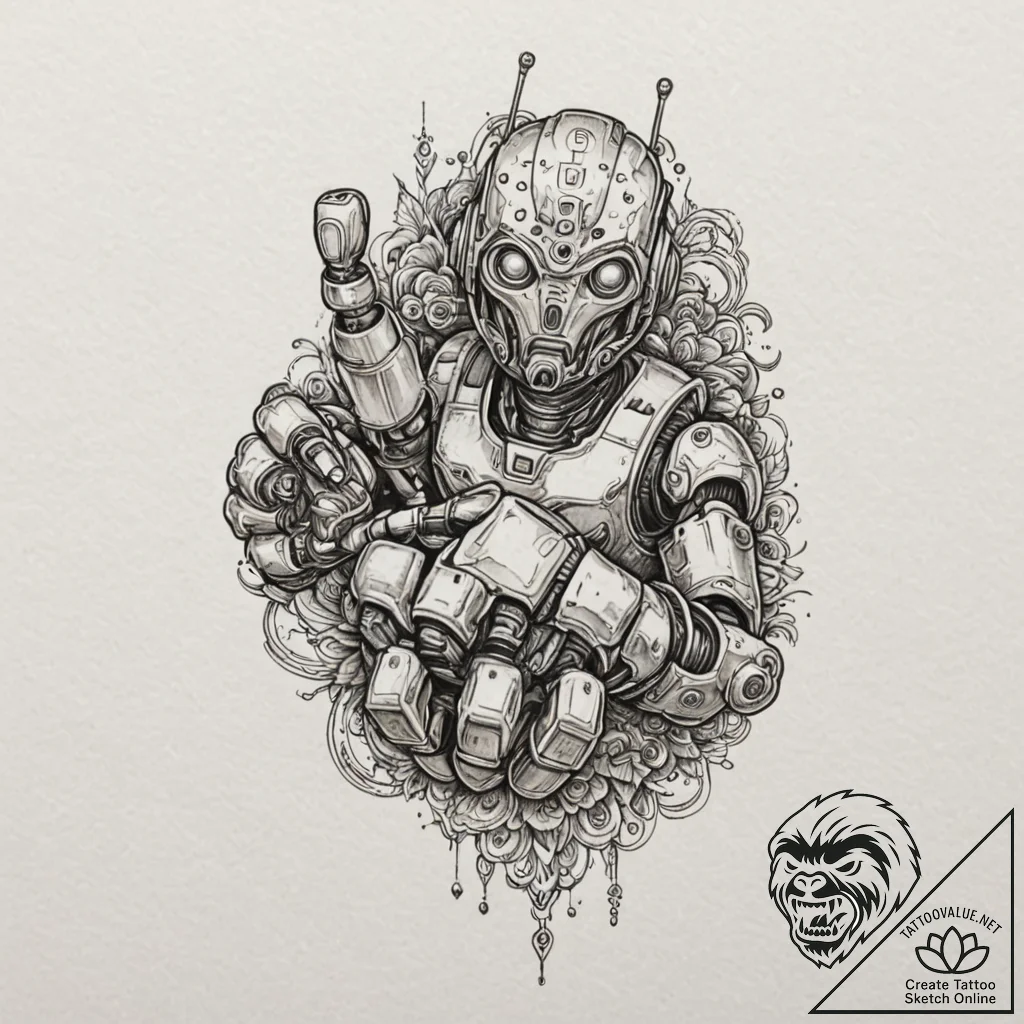 Robot hand giving a thumbs up, tattoo sketch... - tattoo sketch (№1753252606_0, 23.07.2025 06:36) — tattoovalue.net