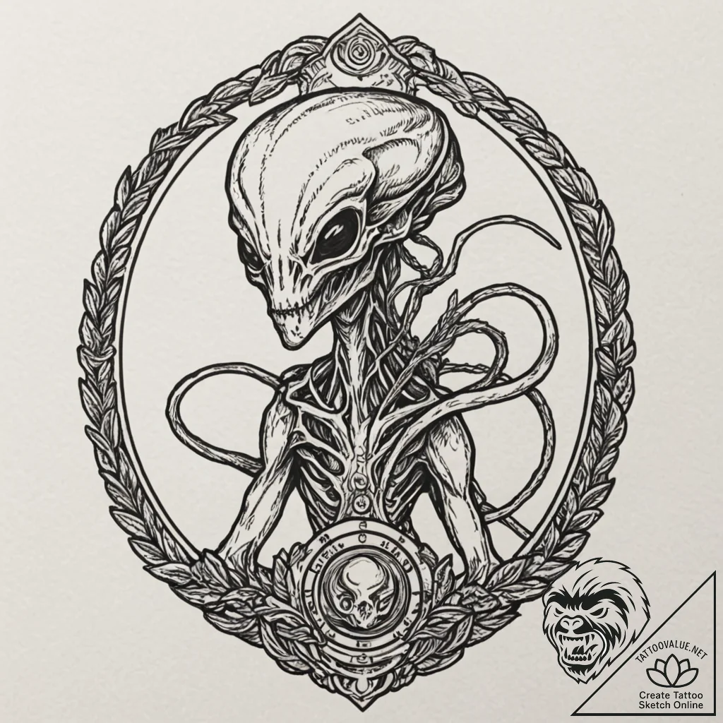 Trophy of a hunted alien, mounted on a plaque... - tattoo sketch (№1753253521_0, 23.07.2025 06:52) — tattoovalue.net