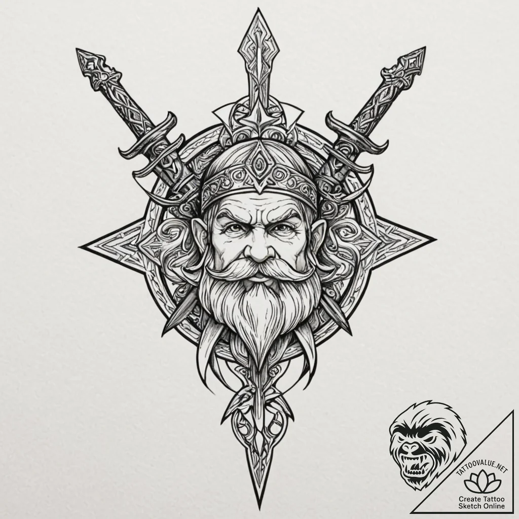 Dwarf forging a sword with a star fragment, t... - tattoo sketch (№1753253597_0, 23.07.2025 06:53) — tattoovalue.net