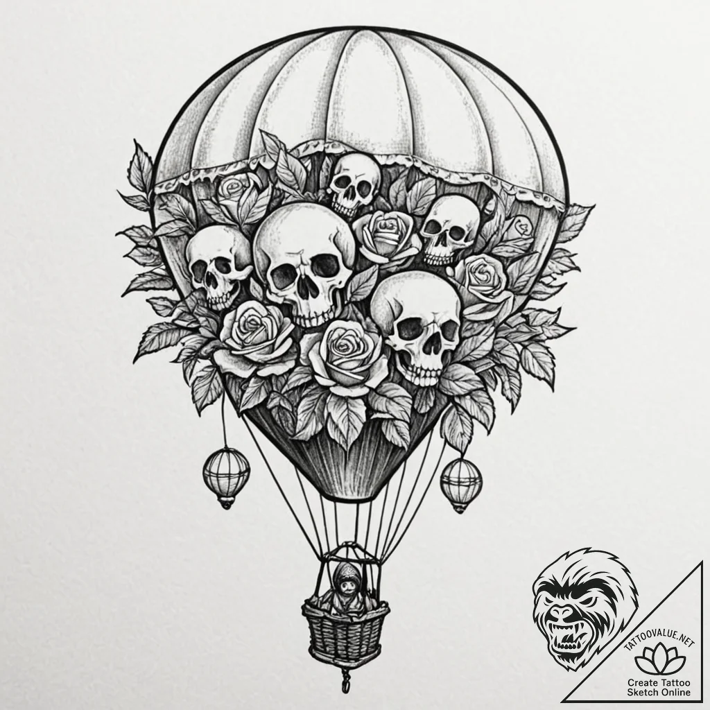 A whimsical hot air balloon basket with anima... - tattoo sketch (№1753254279_0, 23.07.2025 07:04) — tattoovalue.net
