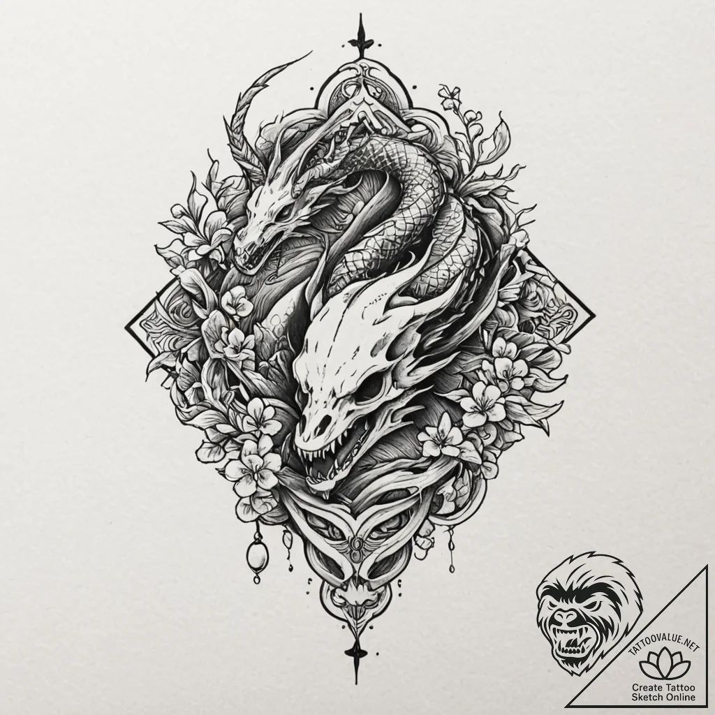 Quail skull with runic carvings, ink illustra... - tattoo sketch (№1753254355_0, 23.07.2025 07:05) — tattoovalue.net