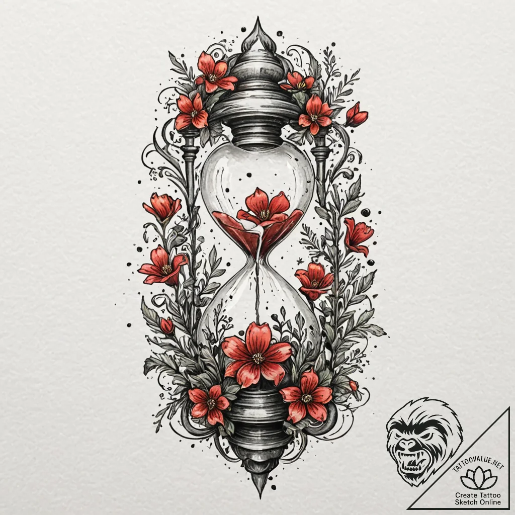Old hourglass with wildflowers growing inside... - tattoo sketch (№1753254585_0, 23.07.2025 07:09) — tattoovalue.net