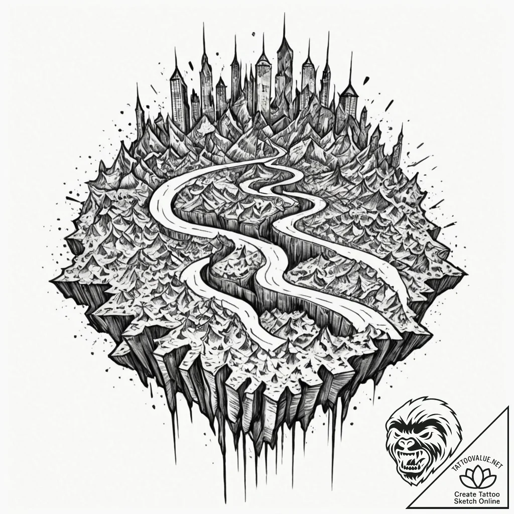 Tectonic plates shifting, with cities on eith... - tattoo sketch (№1753255119_0, 23.07.2025 07:18) — tattoovalue.net