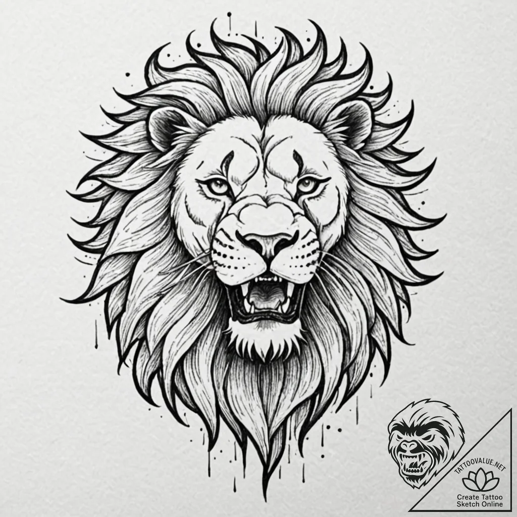 Apocalyptic lion roaring at fractured sun, ta... - tattoo sketch (№1753255423_0, 23.07.2025 07:23) — tattoovalue.net