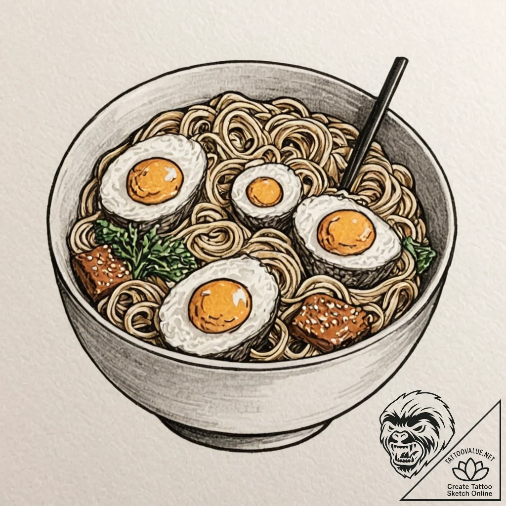 Ramen bowl with a narutomaki swirl, tattoo sk... - tattoo sketch (№1753255499_0, 23.07.2025 07:24) — tattoovalue.net