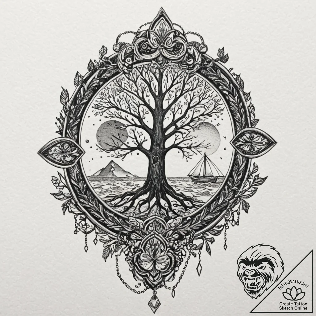 Quartz chain binding spectral tree, tattoo li... - tattoo sketch (№1753257101_0, 23.07.2025 07:51) — tattoovalue.net