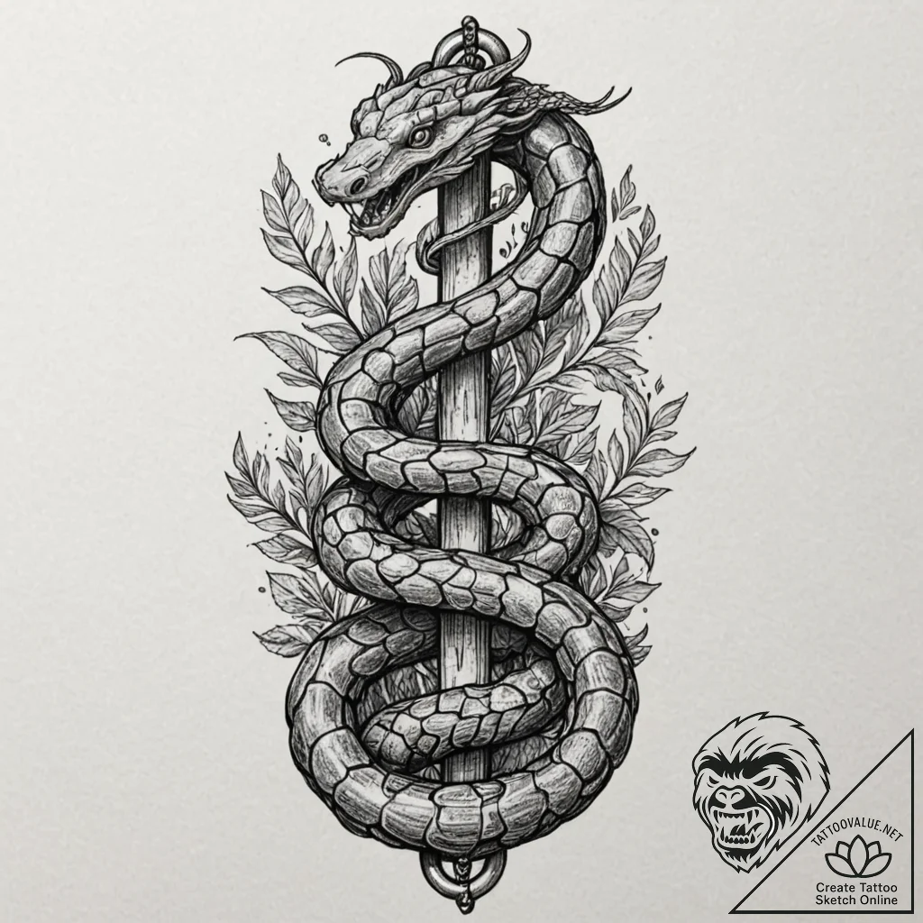 Chain-wrapped serpent rising from stone, ink... - tattoo sketch (№1753257254_0, 23.07.2025 07:54) — tattoovalue.net