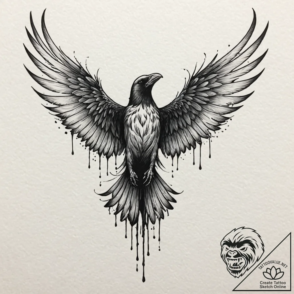 Angelic crow with skeletal wings, tattoo line... - tattoo sketch (№1753257711_0, 23.07.2025 08:01) — tattoovalue.net
