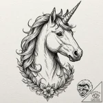 Unicorn whose horn is a twisted, iridescent d… – tattoo sketch (№1753257787_0, 23.07.2025 08:03) — tattoovalue.net