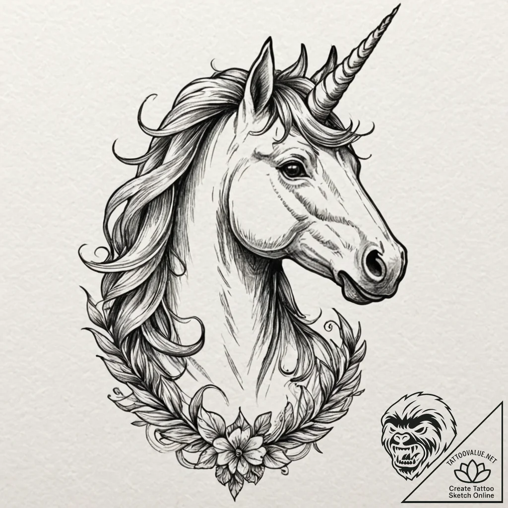 Unicorn whose horn is a twisted, iridescent d... - tattoo sketch (№1753257787_0, 23.07.2025 08:03) — tattoovalue.net