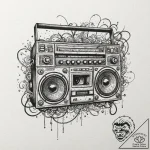 Boombox playing a cassette tape, emitting neo… – tattoo sketch (№1753258092_0, 23.07.2025 08:08) — tattoovalue.net