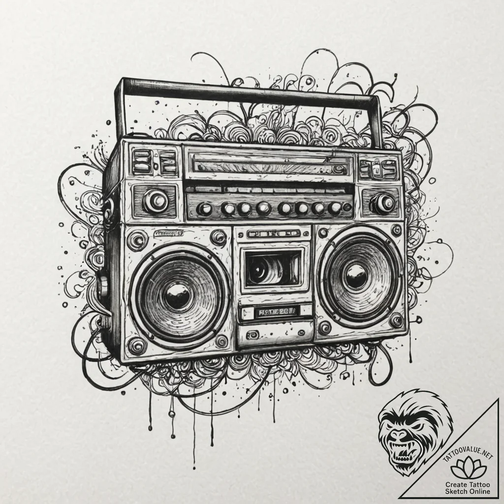 Boombox playing a cassette tape, emitting neo... - tattoo sketch (№1753258092_0, 23.07.2025 08:08) — tattoovalue.net