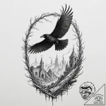 Apocalyptic raven flying over ruins, concept… – tattoo sketch (№1753258244_0, 23.07.2025 08:10) — tattoovalue.net