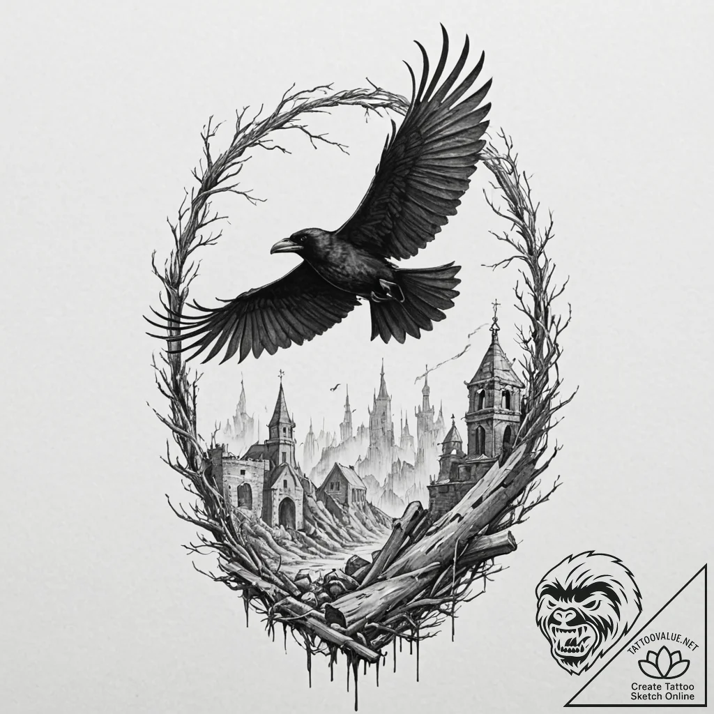 Apocalyptic raven flying over ruins, concept... - tattoo sketch (№1753258244_0, 23.07.2025 08:10) — tattoovalue.net