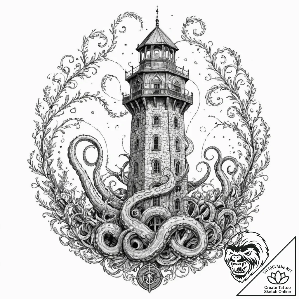 Kraken coil around ancient tower, concept art... - tattoo sketch (№1753258855_0, 23.07.2025 08:20) — tattoovalue.net