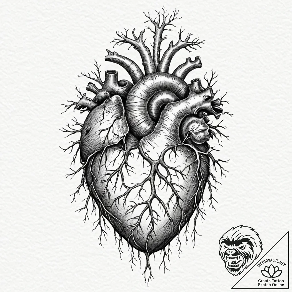 Anatomical heart with roots growing into the... - tattoo sketch (№1753258931_0, 23.07.2025 08:22) — tattoovalue.net