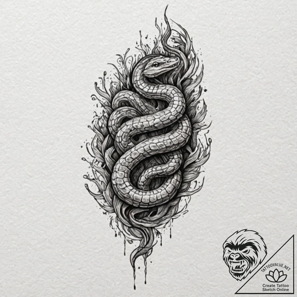 Nether serpent beneath crimson sky, artistic... - tattoo sketch (№1753259159_0, 23.07.2025 08:25) — tattoovalue.net