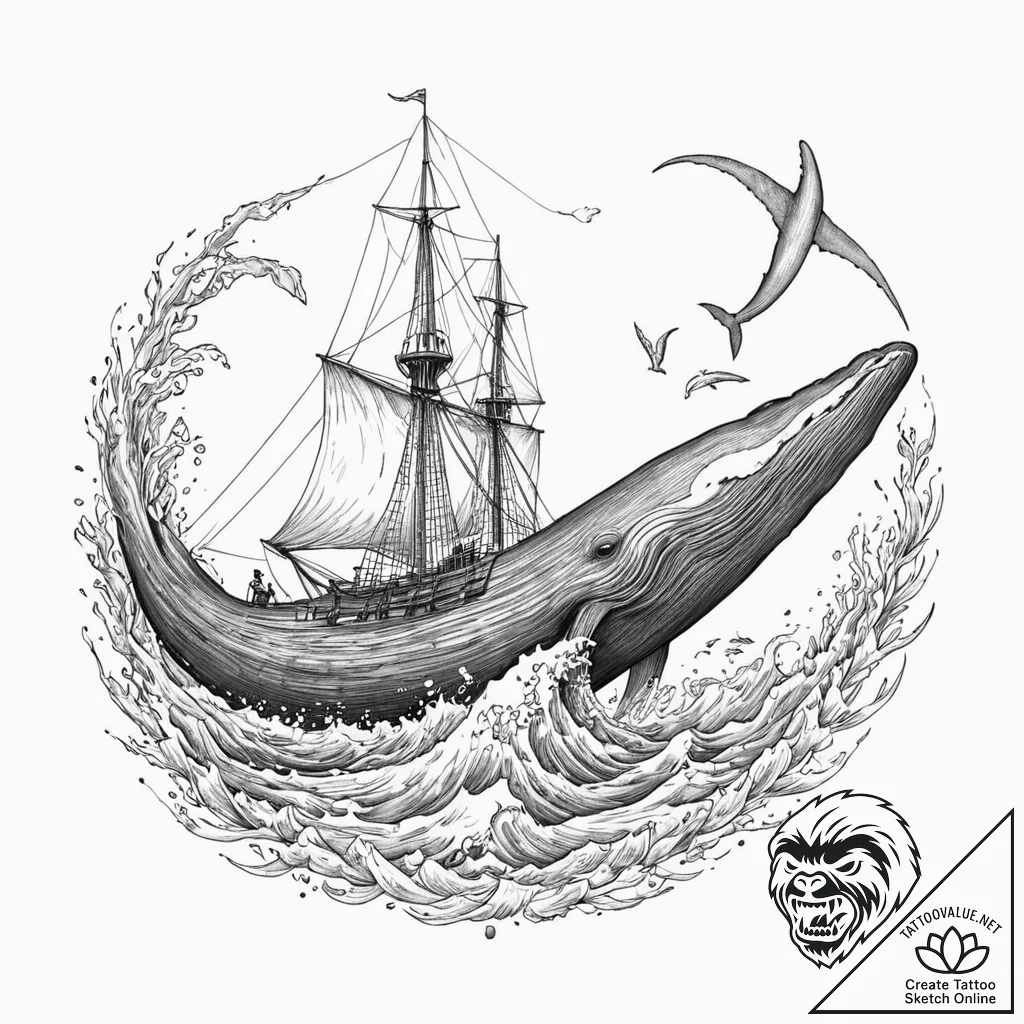 Sailing ship navigating the back of a giant w... - tattoo sketch (№1753260530_0, 23.07.2025 08:48) — tattoovalue.net