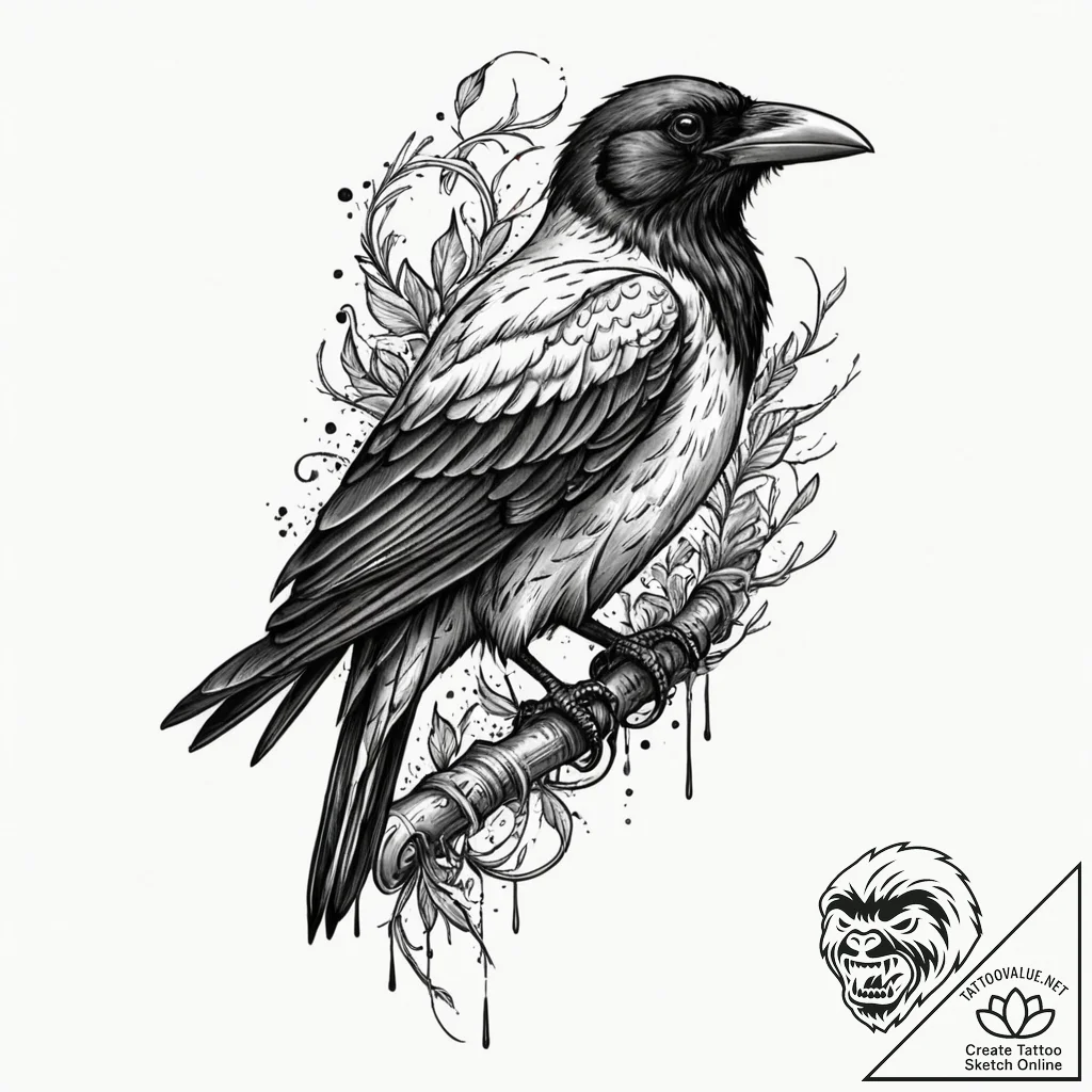 Ashen raven with cracked feathers, tattoo lin... - tattoo sketch (№1753261595_0, 23.07.2025 09:06) — tattoovalue.net
