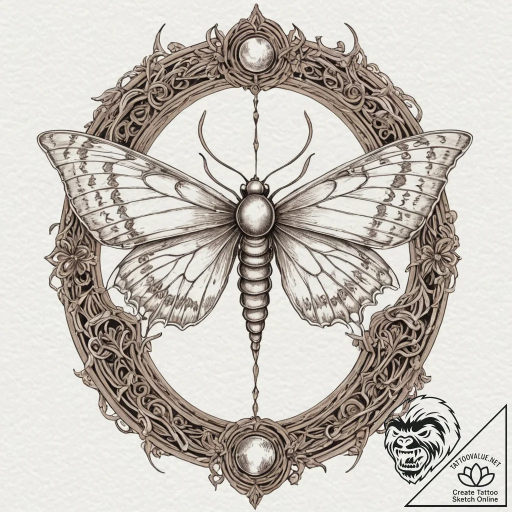 Lunar moth beneath spectral gate, tattoo sket... - tattoo sketch (№1753262511_0, 23.07.2025 09:21) — tattoovalue.net
