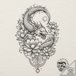 Blooming lotus with a crescent moon resting o… – tattoo sketch (№1753262664_0, 23.07.2025 09:24) — tattoovalue.net