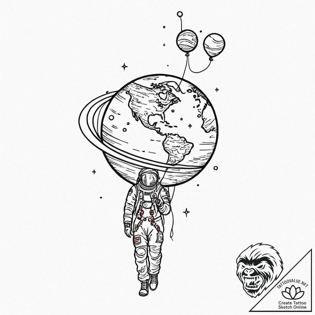 Astronaut holding a balloon shaped like plane... - tattoo sketch (№1753262815_0, 23.07.2025 09:26) — tattoovalue.net