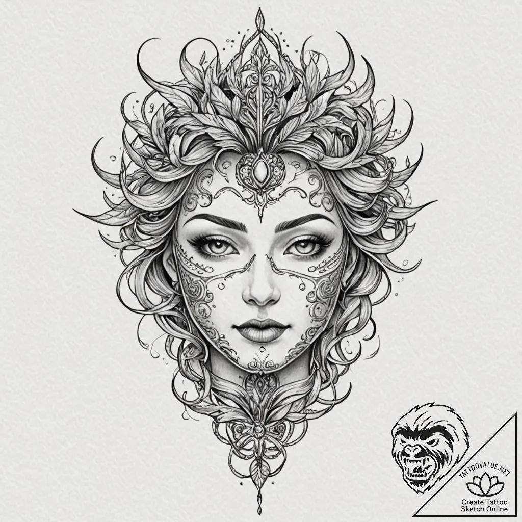 Etched mask beneath fractured sky, ink illust... - tattoo sketch (№1753263208_0, 23.07.2025 09:33) — tattoovalue.net