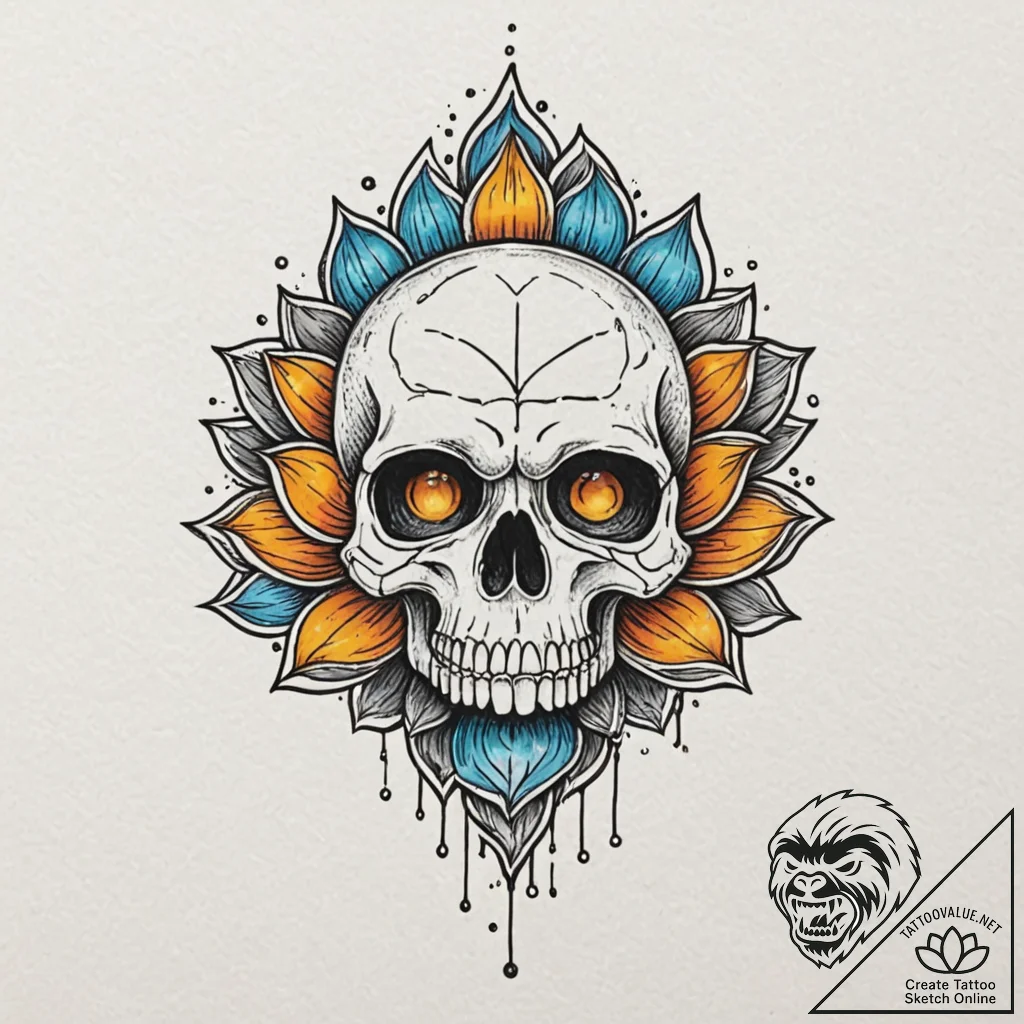 Skull with a lotus growing from its eye socke... - tattoo sketch (№1753263463_0, 23.07.2025 09:37) — tattoovalue.net