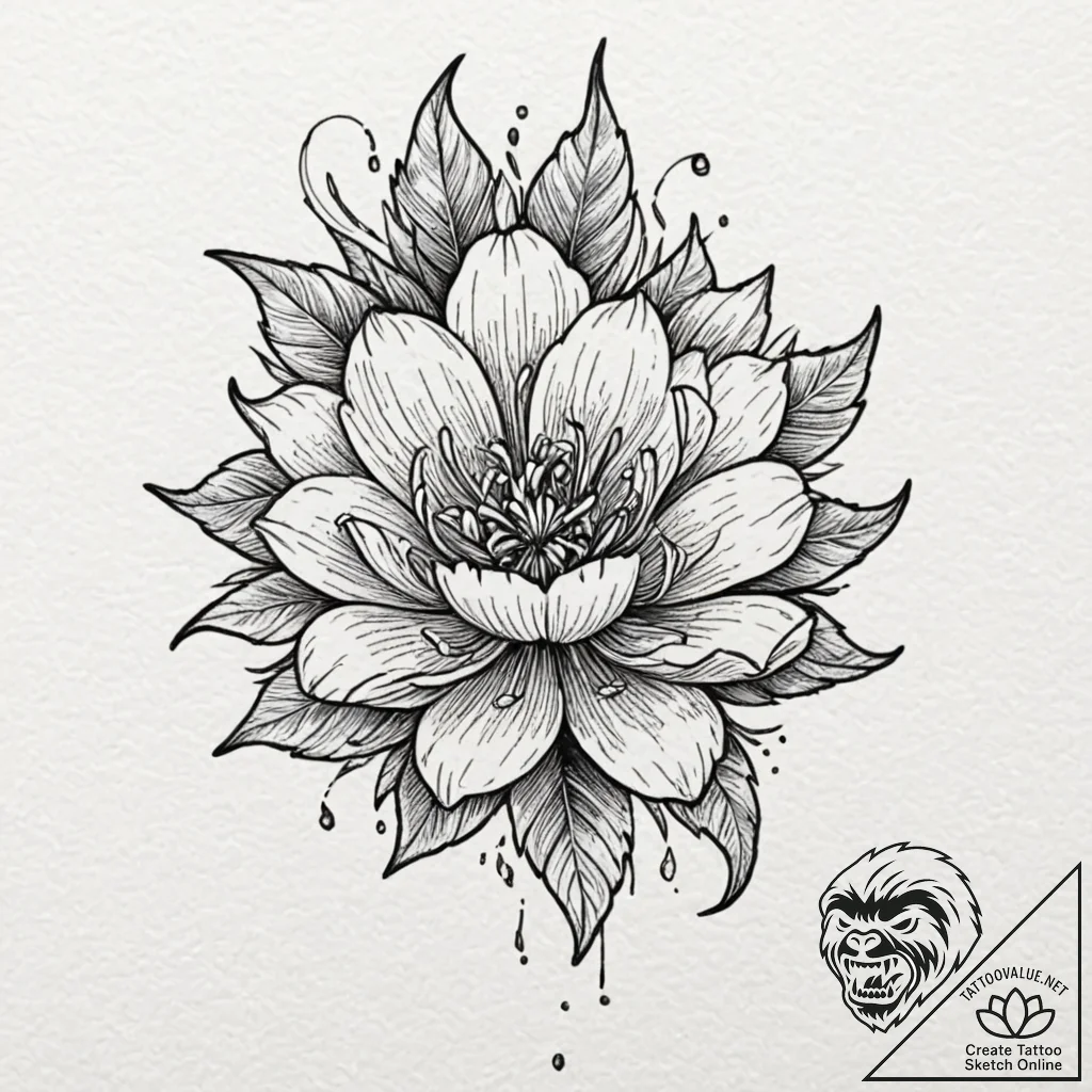 Oak blade beneath spectral bloom, tattoo flas... - tattoo sketch (№1753263729_0, 23.07.2025 09:42) — tattoovalue.net