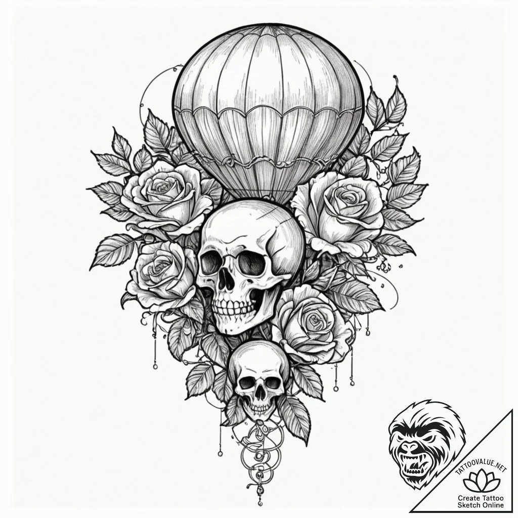 A whimsical hot air balloon festival over rol... - tattoo sketch (№1753264177_0, 23.07.2025 09:49) — tattoovalue.net