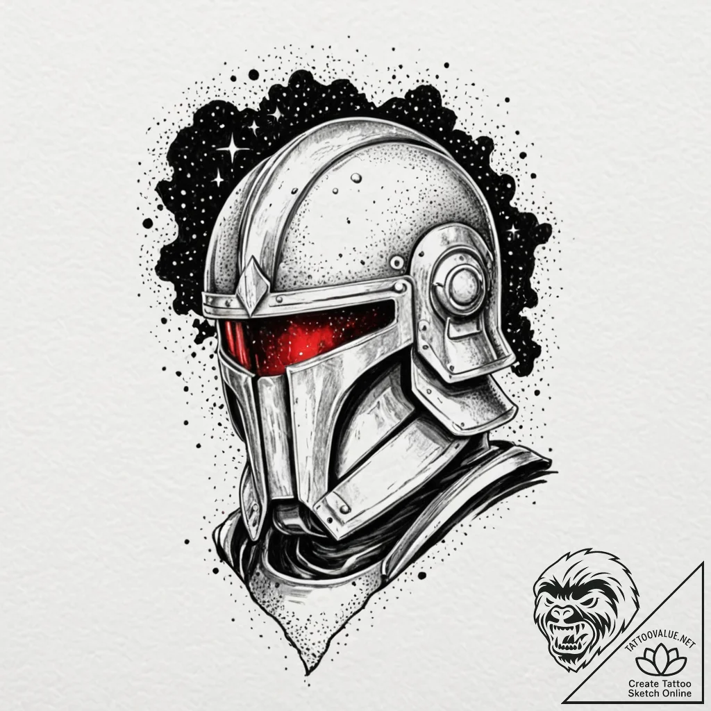 Battered knight's helmet, visor showing a neb... - tattoo sketch (№1753264349_0, 23.07.2025 09:52) — tattoovalue.net