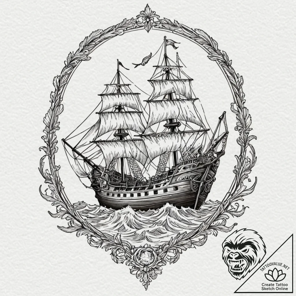 Burning sea with skeletal ship, tattoo flash... - tattoo sketch (№1753264933_0, 23.07.2025 10:02) — tattoovalue.net
