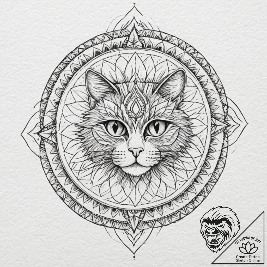 Ancient cat with third eye, ink illustration... - tattoo sketch (№1753265111_0, 23.07.2025 10:05) — tattoovalue.net