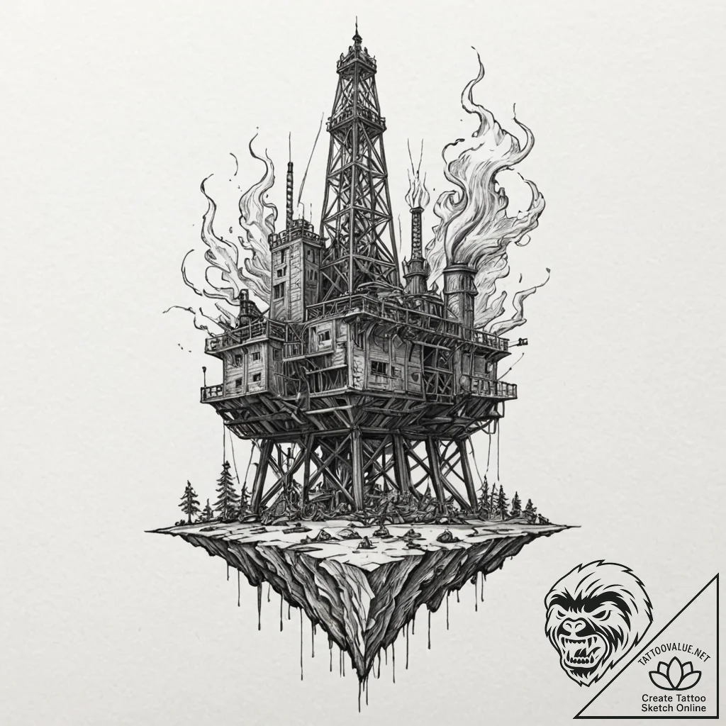 A powerful burning oil rig, disaster,, tattoo... - tattoo sketch (№1753265280_0, 23.07.2025 10:08) — tattoovalue.net