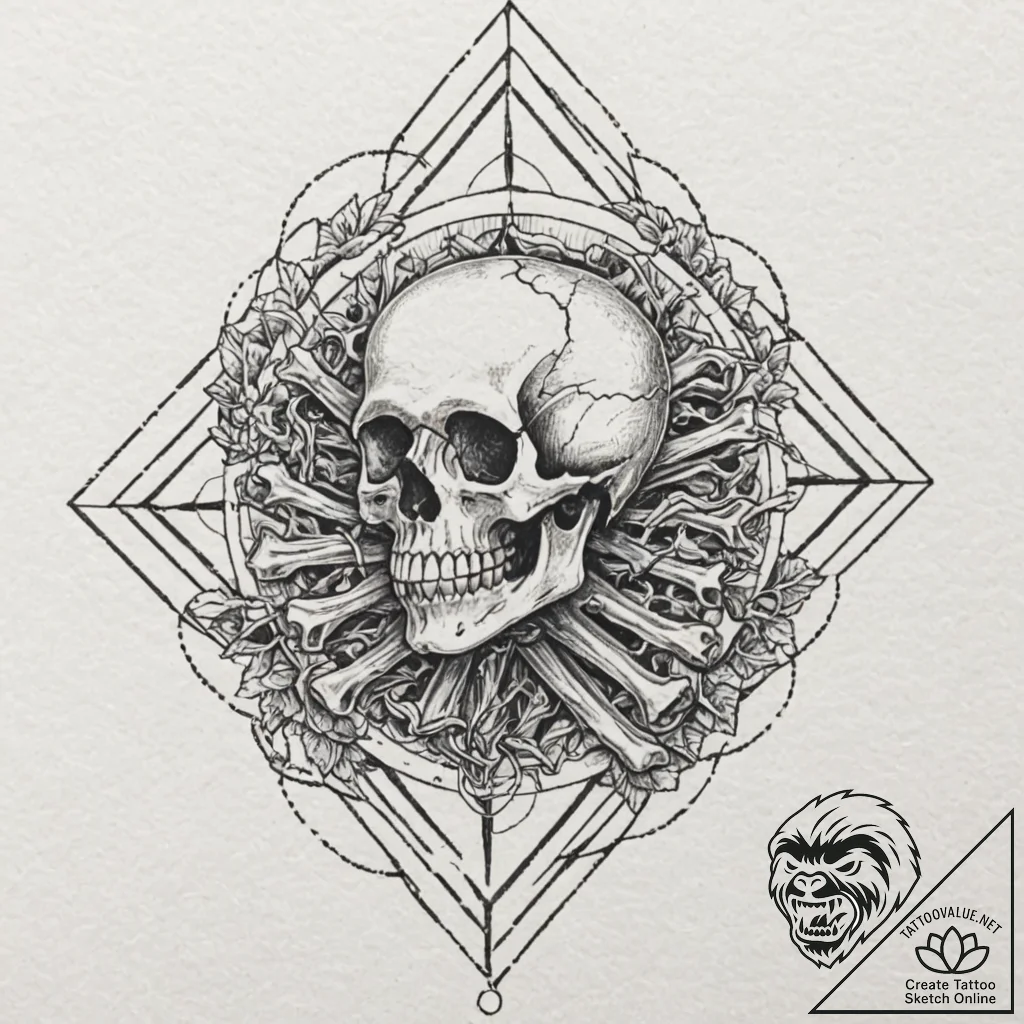 Quilt of bones beneath iron sky, ink illustra... - tattoo sketch (№1753265476_0, 23.07.2025 10:11) — tattoovalue.net