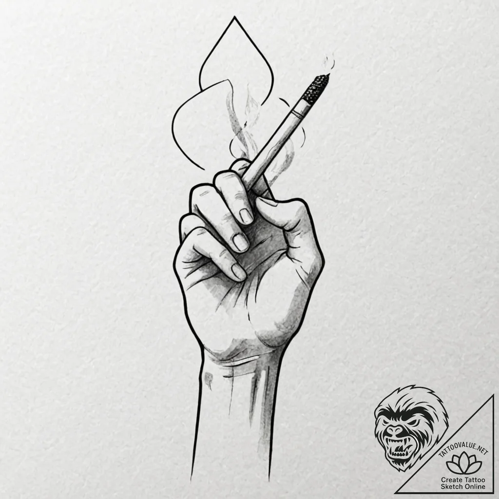 Elegant hand holding a single, smoking match,... - tattoo sketch (№1753267075_0, 23.07.2025 10:37) — tattoovalue.net
