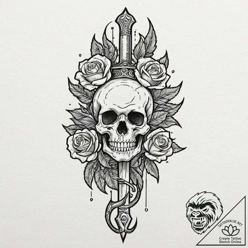 Haunted dagger crowned with bone, tattoo sket... - tattoo sketch (№1753267598_0, 23.07.2025 10:46) — tattoovalue.net