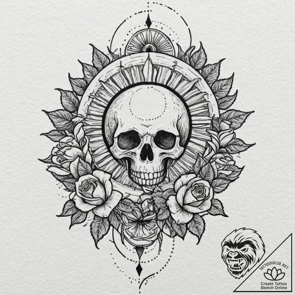 Dark flower beneath eclipsed sun, artistic ta... - tattoo sketch (№1753268124_0, 23.07.2025 10:55) — tattoovalue.net