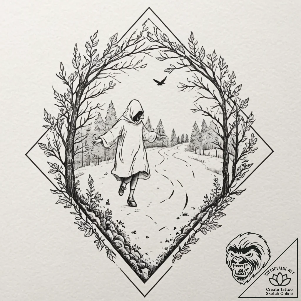 Fading ghost leaving a trail of autumn leaves... - tattoo sketch (№1753268211_0, 23.07.2025 10:56) — tattoovalue.net