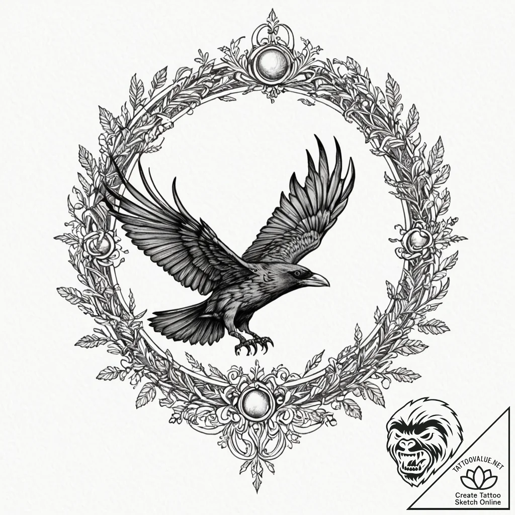 Crown of ravens circling sky, tattoo drawing... - tattoo sketch (№1753269348_0, 23.07.2025 11:15) — tattoovalue.net