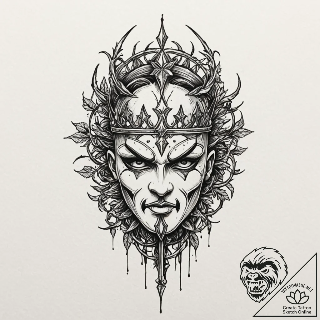 Kingр р†р вђљрівђћсћs mask beneath thorns, ta... - tattoo sketch (№1753269616_0, 23.07.2025 11:20) — tattoovalue.net